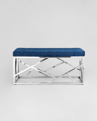 Банкетка-скамейка АРТ ДЕКО велюр синий сталь серебро. Фото